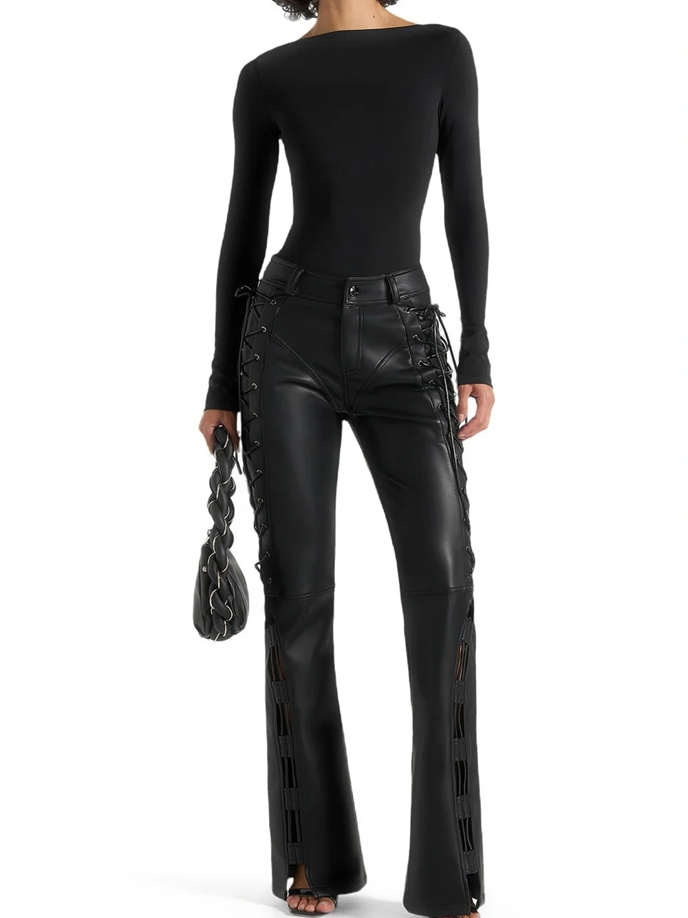 Manière De Voir Ambre Vegan Leather Lace-Up Flared Trousers | Black | Size 2 - Picture 4 of 15